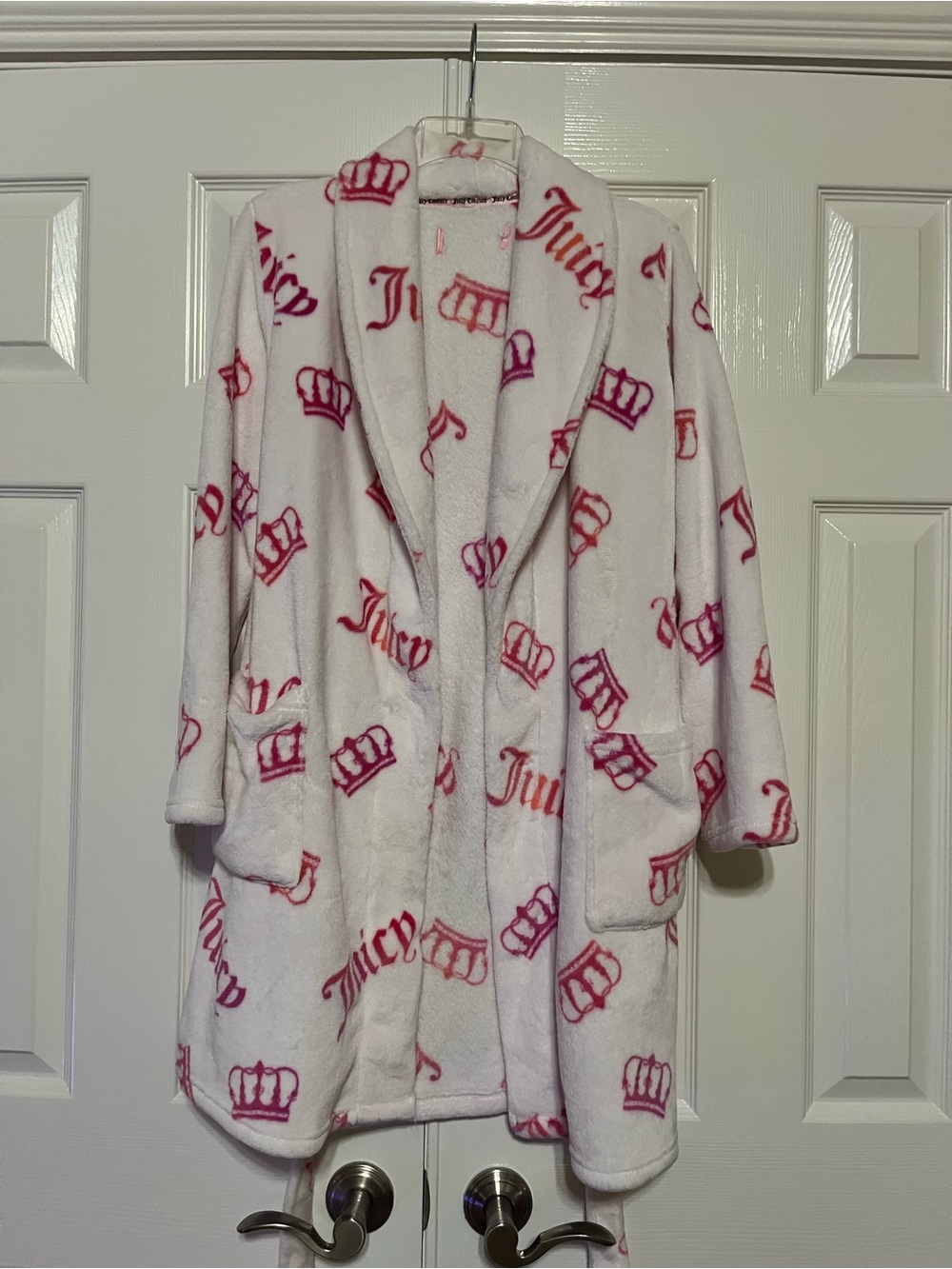 Juicy Couture White Plush Jacket with Pink Logo & Crown Print